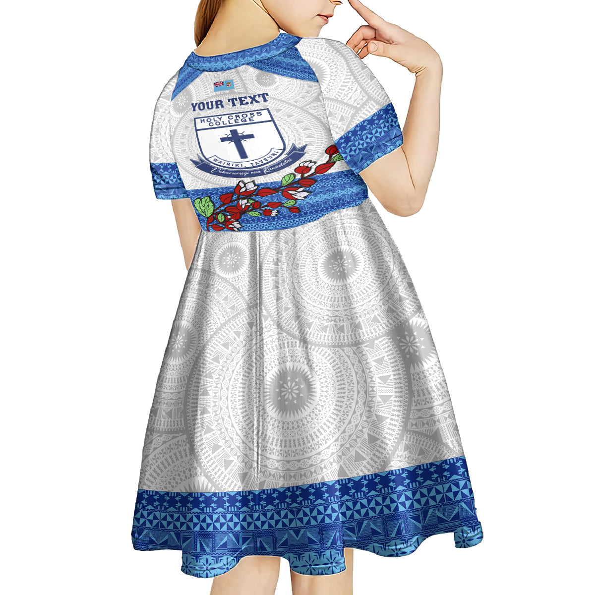 Personalised Fiji Holy Cross College Kid Short Sleeve Dress Happy 50th Anniversary Fijian Tagimoucia Tapa Pattern - Wonder Print Shop