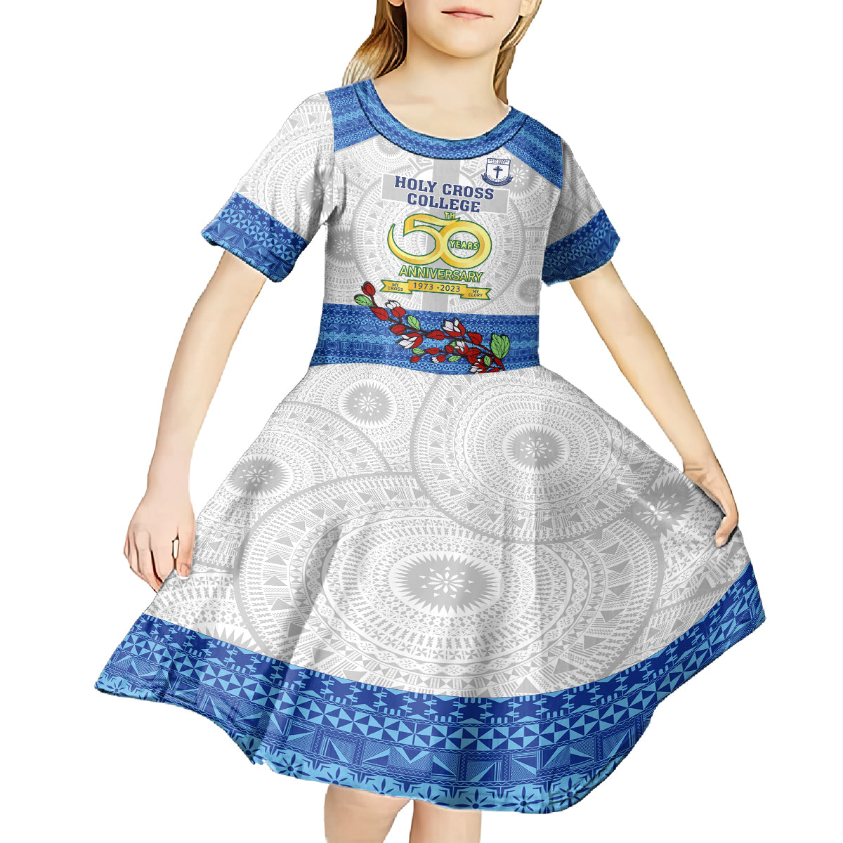 Personalised Fiji Holy Cross College Kid Short Sleeve Dress Happy 50th Anniversary Fijian Tagimoucia Tapa Pattern - Wonder Print Shop