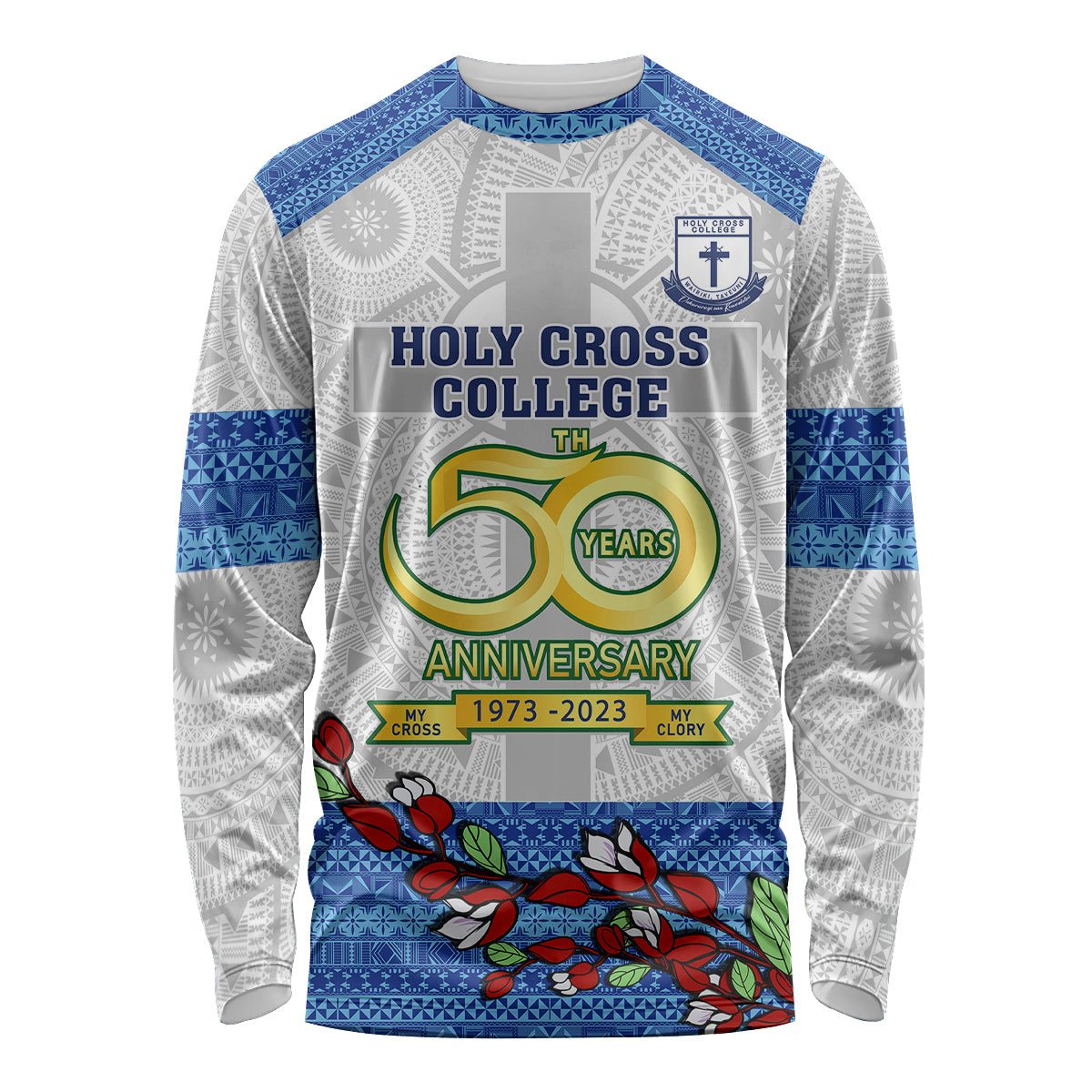 Personalised Fiji Holy Cross College Long Sleeve Shirt Happy 50th Anniversary Fijian Tagimoucia Tapa Pattern - Wonder Print Shop