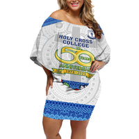 Personalised Fiji Holy Cross College Off Shoulder Short Dress Happy 50th Anniversary Fijian Tagimoucia Tapa Pattern - Wonder Print Shop