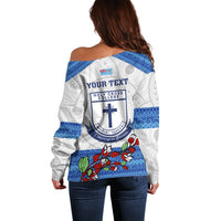 Personalised Fiji Holy Cross College Off Shoulder Sweater Happy 50th Anniversary Fijian Tagimoucia Tapa Pattern - Wonder Print Shop