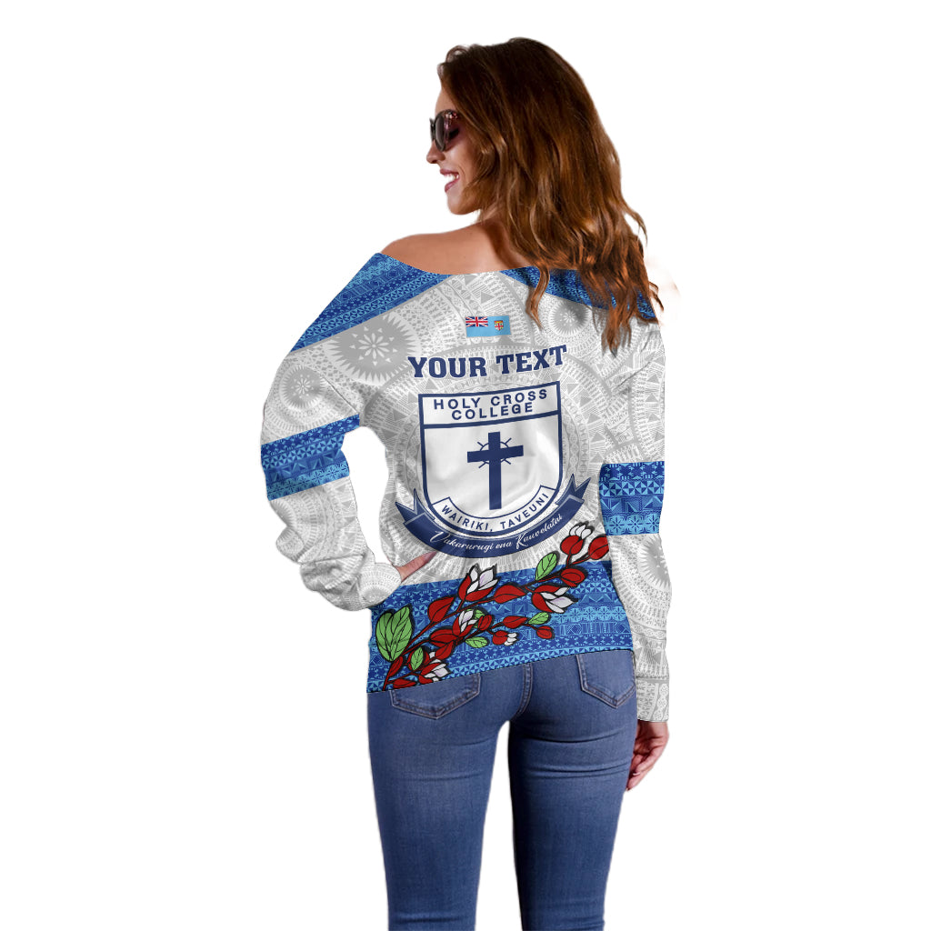 Personalised Fiji Holy Cross College Off Shoulder Sweater Happy 50th Anniversary Fijian Tagimoucia Tapa Pattern - Wonder Print Shop