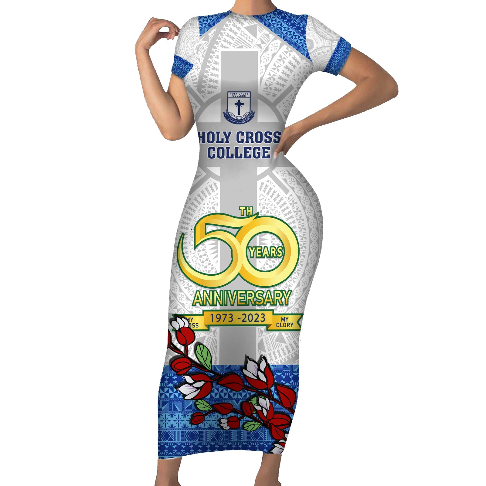 Personalised Fiji Holy Cross College Short Sleeve Bodycon Dress Happy 50th Anniversary Fijian Tagimoucia Tapa Pattern - Wonder Print Shop
