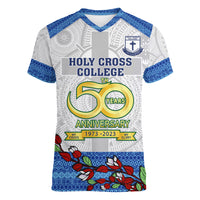 Personalised Fiji Holy Cross College Women V Neck T Shirt Happy 50th Anniversary Fijian Tagimoucia Tapa Pattern - Wonder Print Shop