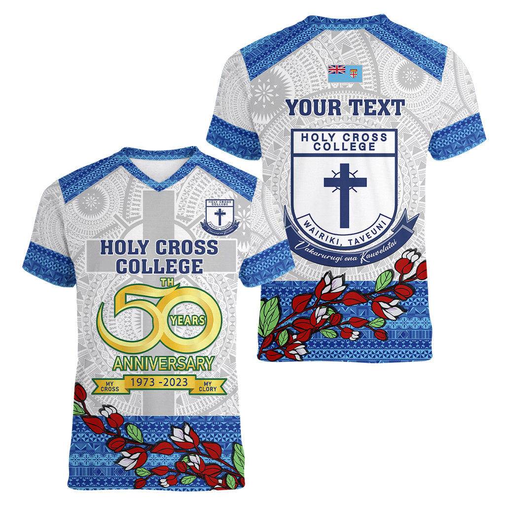 Personalised Fiji Holy Cross College Women V Neck T Shirt Happy 50th Anniversary Fijian Tagimoucia Tapa Pattern - Wonder Print Shop