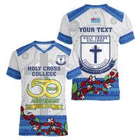 Personalised Fiji Holy Cross College Women V Neck T Shirt Happy 50th Anniversary Fijian Tagimoucia Tapa Pattern - Wonder Print Shop