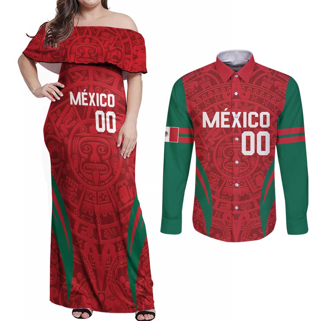Custom Baseball Mexico 2024 Couples Matching Off Shoulder Maxi Dress and Long Sleeve Button Shirt Aztec Calendar Pattern - Dynamic Style - Wonder Print Shop