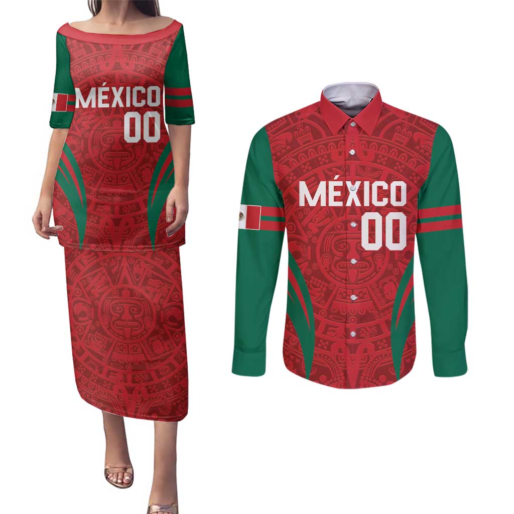 Custom Baseball Mexico 2024 Couples Matching Puletasi and Long Sleeve Button Shirt Aztec Calendar Pattern - Dynamic Style - Wonder Print Shop