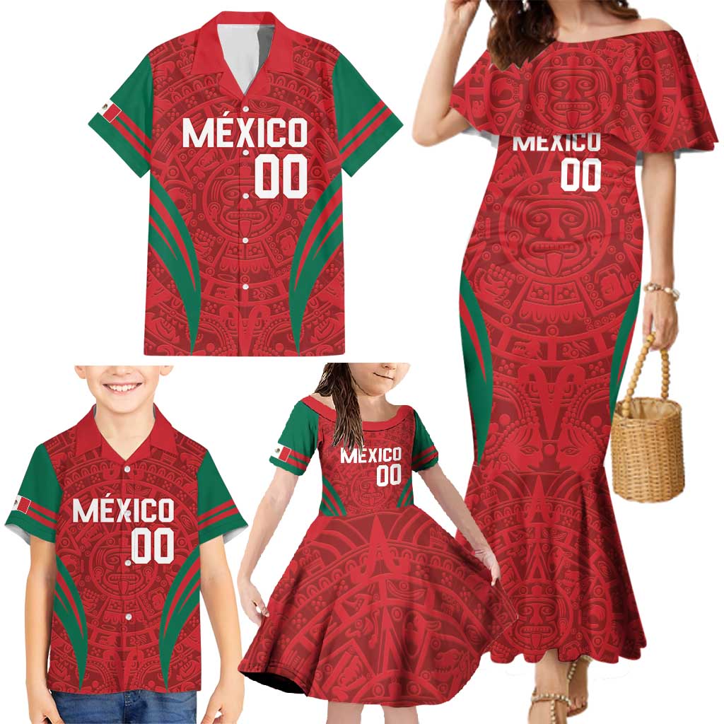 Custom Baseball Mexico 2024 Family Matching Mermaid Dress and Hawaiian Shirt Aztec Calendar Pattern - Dynamic Style - Wonder Print Shop