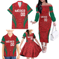 Custom Baseball Mexico 2024 Family Matching Off The Shoulder Long Sleeve Dress and Hawaiian Shirt Aztec Calendar Pattern - Dynamic Style - Wonder Print Shop