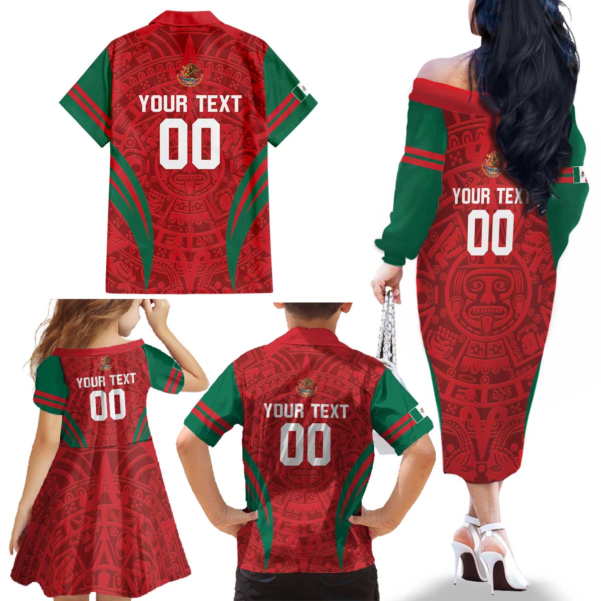 Custom Baseball Mexico 2024 Family Matching Off The Shoulder Long Sleeve Dress and Hawaiian Shirt Aztec Calendar Pattern - Dynamic Style - Wonder Print Shop