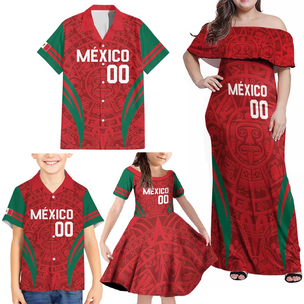 Custom Baseball Mexico 2024 Family Matching Off Shoulder Maxi Dress and Hawaiian Shirt Aztec Calendar Pattern - Dynamic Style - Wonder Print Shop