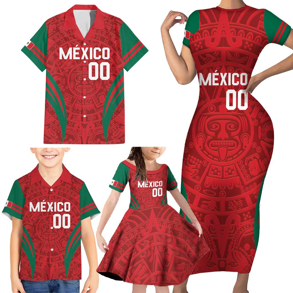 Custom Baseball Mexico 2024 Family Matching Short Sleeve Bodycon Dress and Hawaiian Shirt Aztec Calendar Pattern - Dynamic Style - Wonder Print Shop