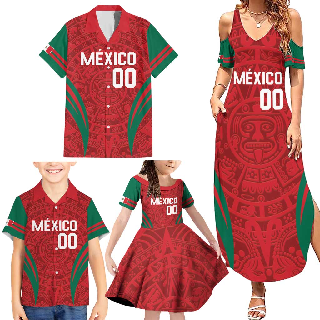 Custom Baseball Mexico 2024 Family Matching Summer Maxi Dress and Hawaiian Shirt Aztec Calendar Pattern - Dynamic Style - Wonder Print Shop