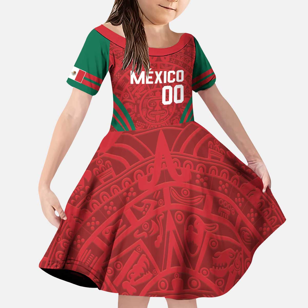 Custom Baseball Mexico 2024 Kid Short Sleeve Dress Aztec Calendar Pattern - Dynamic Style - Wonder Print Shop