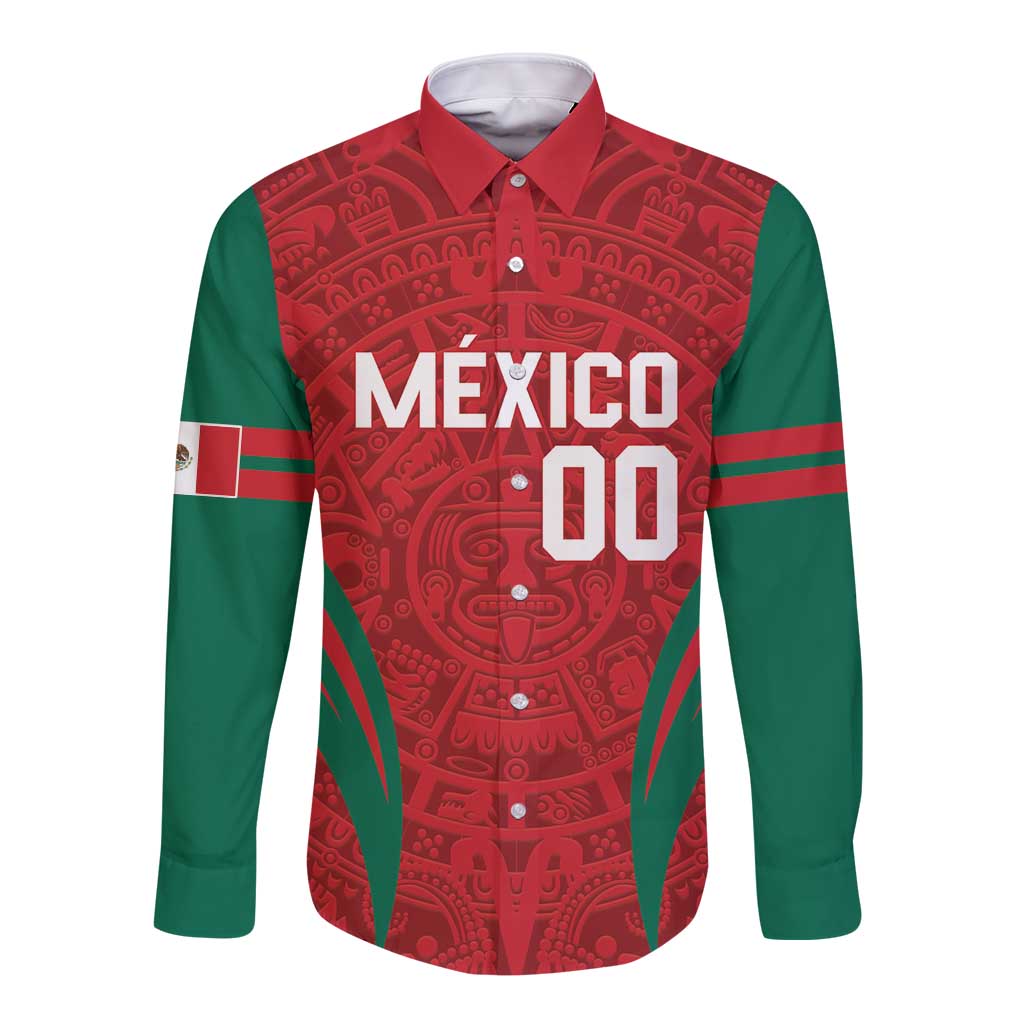 Custom Baseball Mexico 2024 Long Sleeve Button Shirt Aztec Calendar Pattern - Dynamic Style - Wonder Print Shop