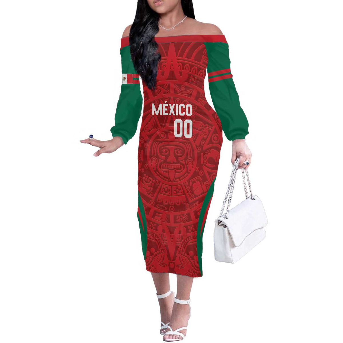 Custom Baseball Mexico 2024 Off The Shoulder Long Sleeve Dress Aztec Calendar Pattern - Dynamic Style - Wonder Print Shop