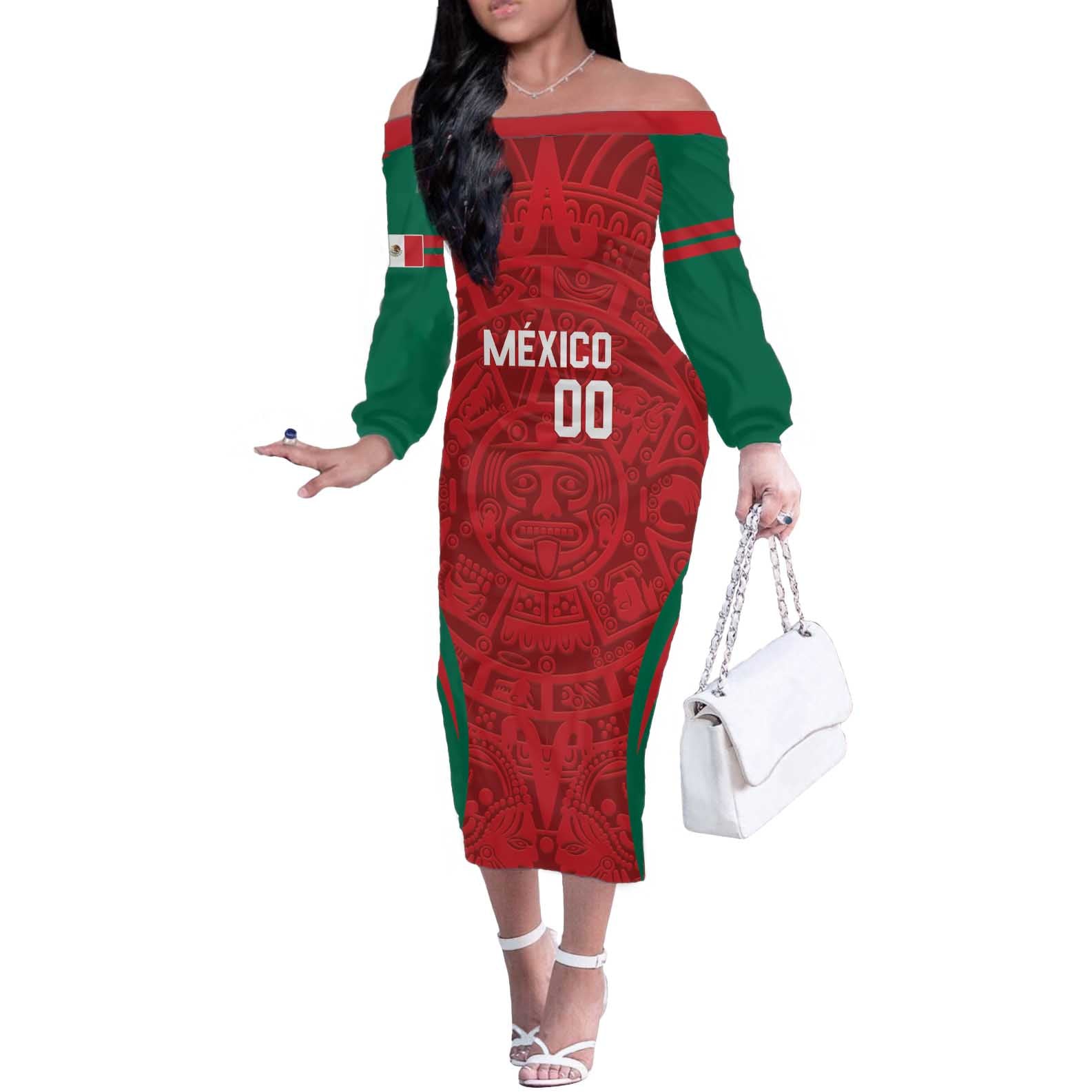 Custom Baseball Mexico 2024 Off The Shoulder Long Sleeve Dress Aztec Calendar Pattern - Dynamic Style - Wonder Print Shop