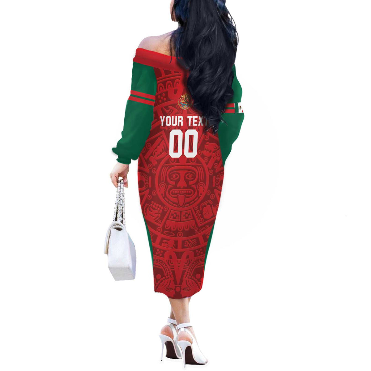 Custom Baseball Mexico 2024 Off The Shoulder Long Sleeve Dress Aztec Calendar Pattern - Dynamic Style - Wonder Print Shop