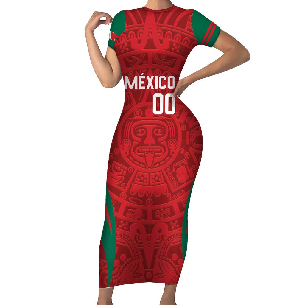 Custom Baseball Mexico 2024 Short Sleeve Bodycon Dress Aztec Calendar Pattern - Dynamic Style - Wonder Print Shop