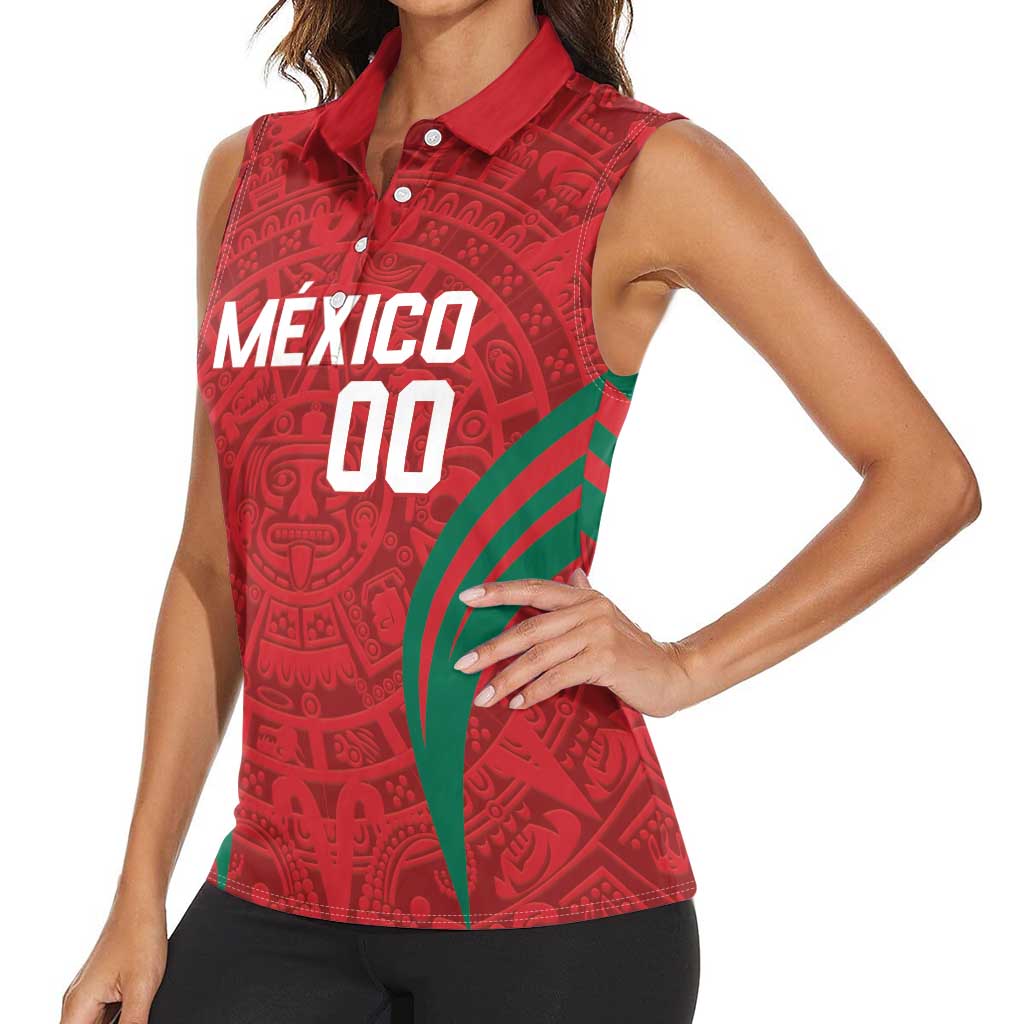 Custom Baseball Mexico 2024 Women Sleeveless Polo Shirt Aztec Calendar Pattern - Dynamic Style - Wonder Print Shop