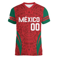 Custom Baseball Mexico 2024 Women V-Neck T-Shirt Aztec Calendar Pattern - Dynamic Style - Wonder Print Shop