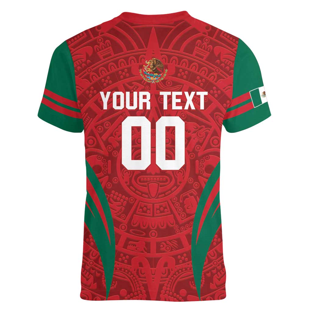Custom Baseball Mexico 2024 Women V-Neck T-Shirt Aztec Calendar Pattern - Dynamic Style - Wonder Print Shop
