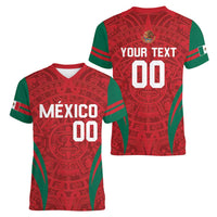 Custom Baseball Mexico 2024 Women V-Neck T-Shirt Aztec Calendar Pattern - Dynamic Style - Wonder Print Shop