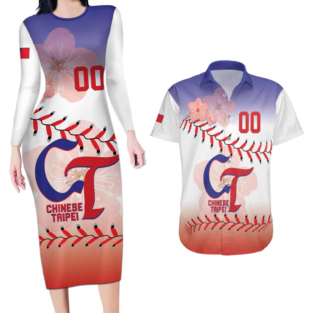 Custom Baseball Chinese Taipei Couples Matching Long Sleeve Bodycon Dress and Hawaiian Shirt National Plum Blossom - Dynamic Style - Wonder Print Shop