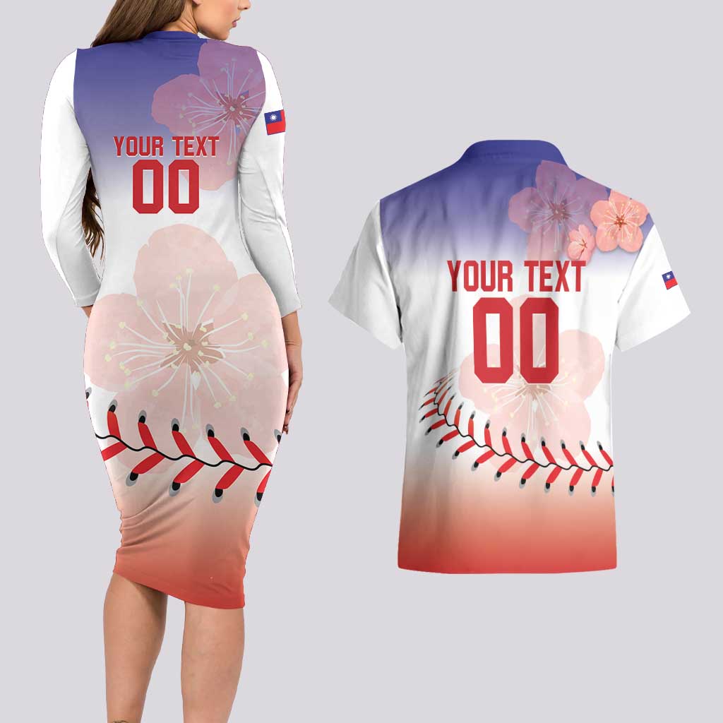 Custom Baseball Chinese Taipei Couples Matching Long Sleeve Bodycon Dress and Hawaiian Shirt National Plum Blossom - Dynamic Style - Wonder Print Shop