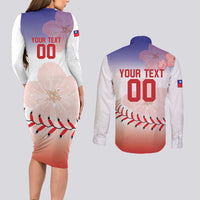 Custom Baseball Chinese Taipei Couples Matching Long Sleeve Bodycon Dress and Long Sleeve Button Shirt National Plum Blossom - Dynamic Style - Wonder Print Shop