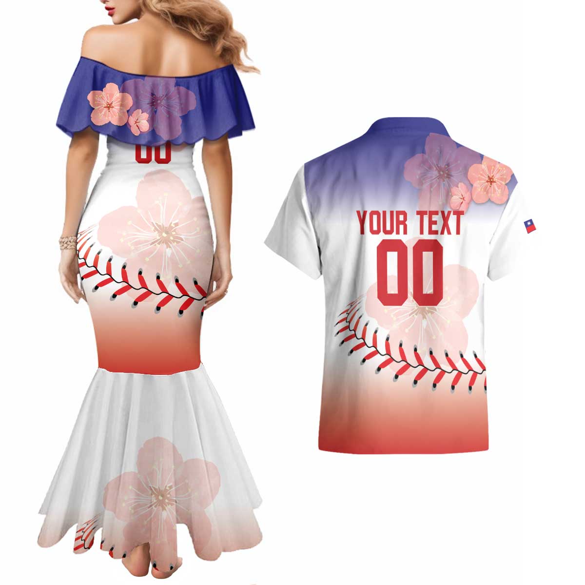 Custom Baseball Chinese Taipei Couples Matching Mermaid Dress and Hawaiian Shirt National Plum Blossom - Dynamic Style - Wonder Print Shop