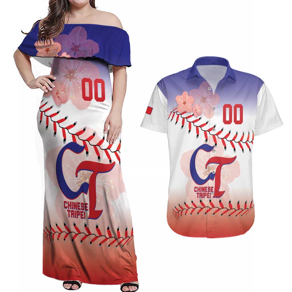 Custom Baseball Chinese Taipei Couples Matching Off Shoulder Maxi Dress and Hawaiian Shirt National Plum Blossom - Dynamic Style - Wonder Print Shop