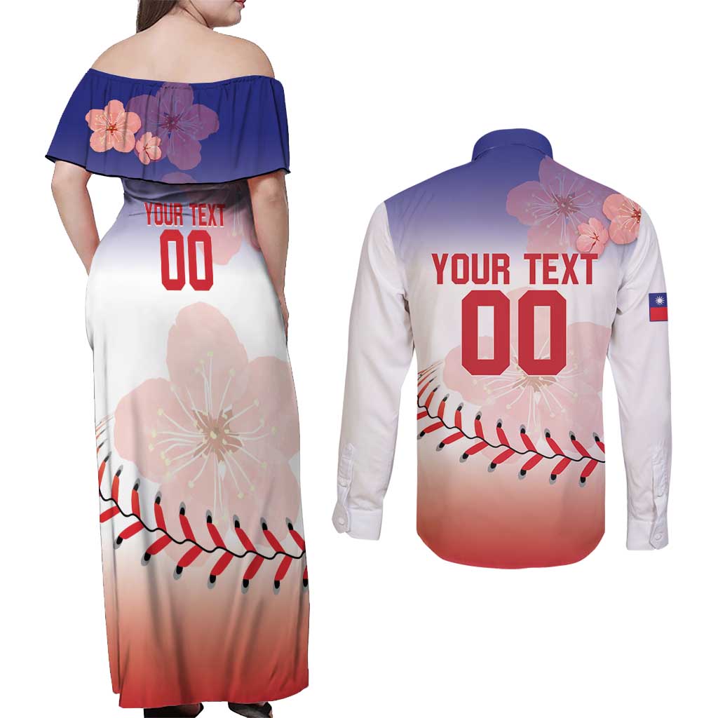 Custom Baseball Chinese Taipei Couples Matching Off Shoulder Maxi Dress and Long Sleeve Button Shirt National Plum Blossom - Dynamic Style - Wonder Print Shop