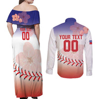 Custom Baseball Chinese Taipei Couples Matching Off Shoulder Maxi Dress and Long Sleeve Button Shirt National Plum Blossom - Dynamic Style - Wonder Print Shop