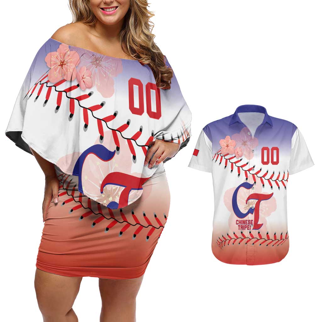 Custom Baseball Chinese Taipei Couples Matching Off Shoulder Short Dress and Hawaiian Shirt National Plum Blossom - Dynamic Style - Wonder Print Shop