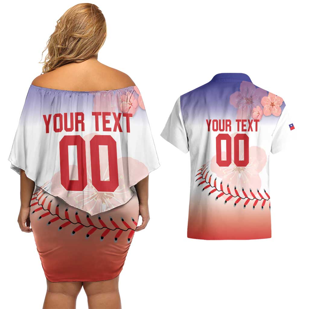 Custom Baseball Chinese Taipei Couples Matching Off Shoulder Short Dress and Hawaiian Shirt National Plum Blossom - Dynamic Style - Wonder Print Shop