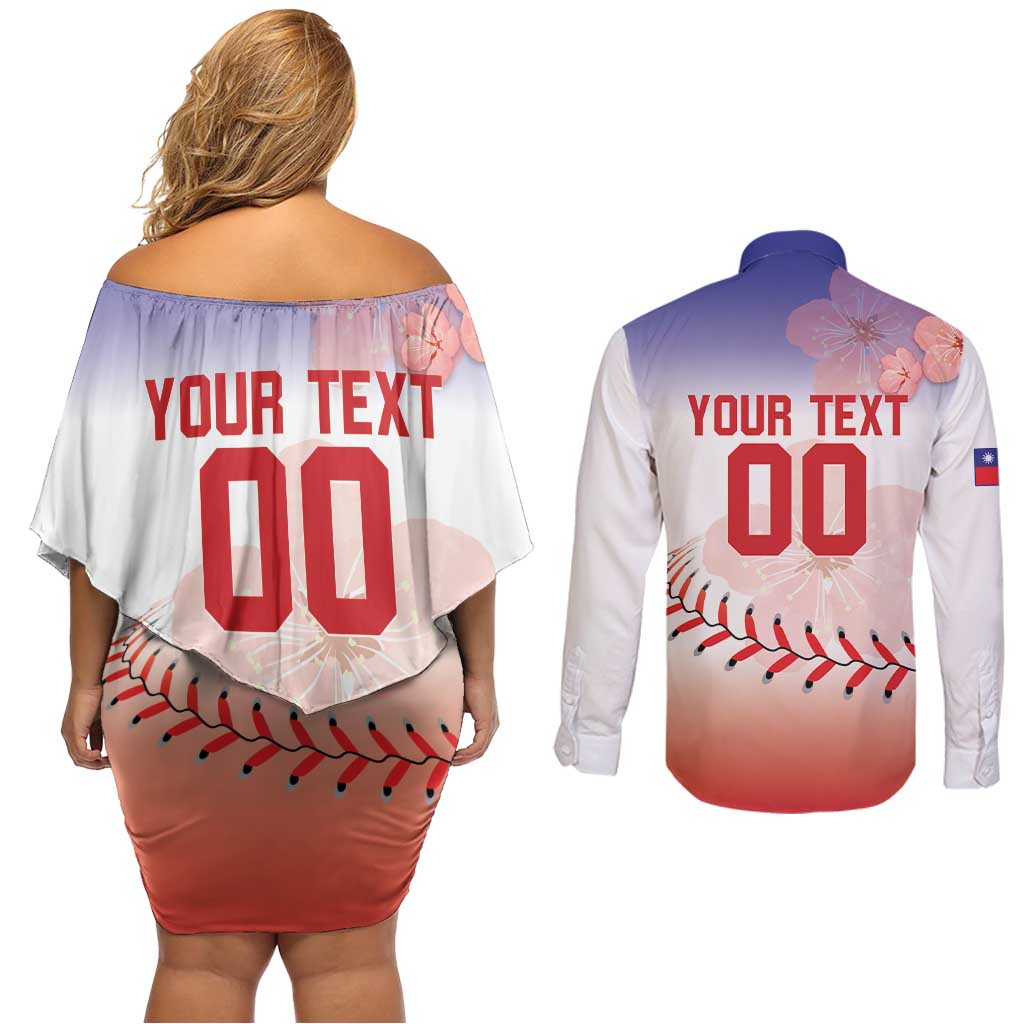 Custom Baseball Chinese Taipei Couples Matching Off Shoulder Short Dress and Long Sleeve Button Shirt National Plum Blossom - Dynamic Style - Wonder Print Shop