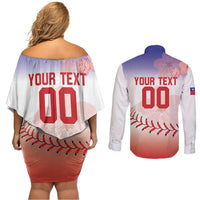 Custom Baseball Chinese Taipei Couples Matching Off Shoulder Short Dress and Long Sleeve Button Shirt National Plum Blossom - Dynamic Style - Wonder Print Shop