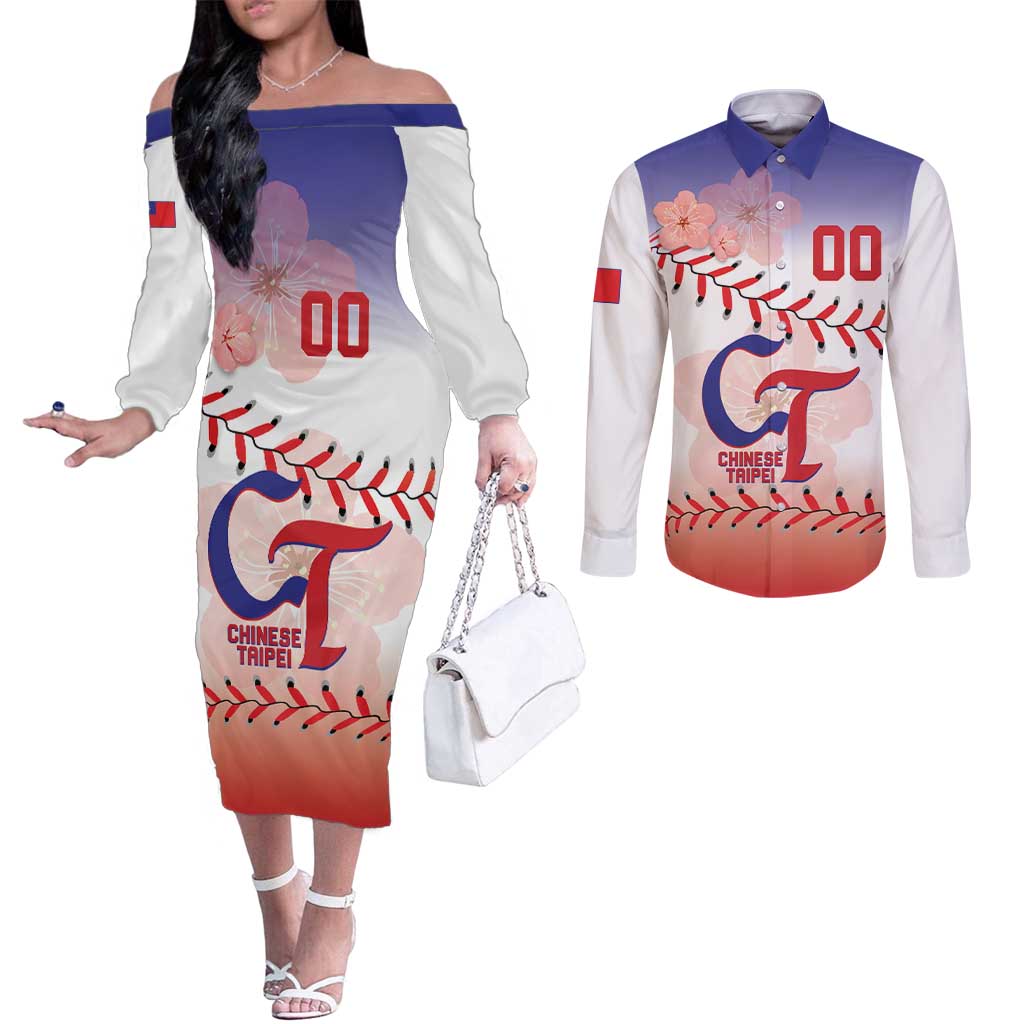 Custom Baseball Chinese Taipei Couples Matching Off The Shoulder Long Sleeve Dress and Long Sleeve Button Shirt National Plum Blossom - Dynamic Style