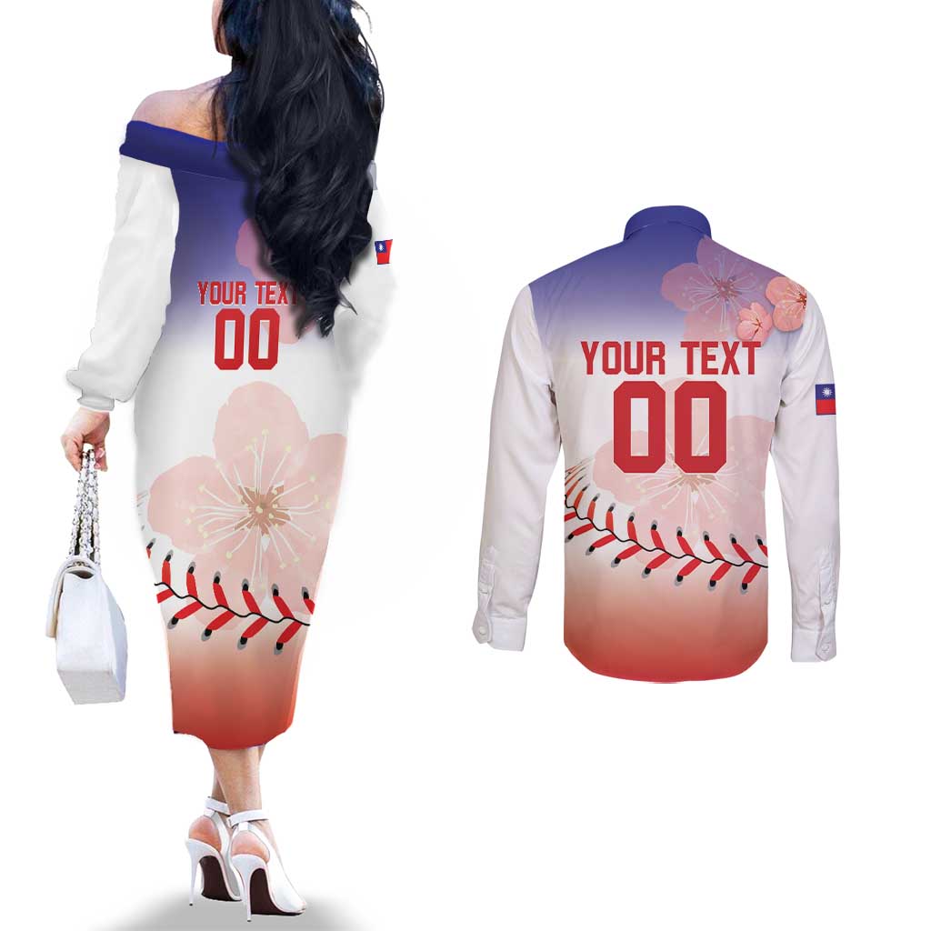 Custom Baseball Chinese Taipei Couples Matching Off The Shoulder Long Sleeve Dress and Long Sleeve Button Shirt National Plum Blossom - Dynamic Style