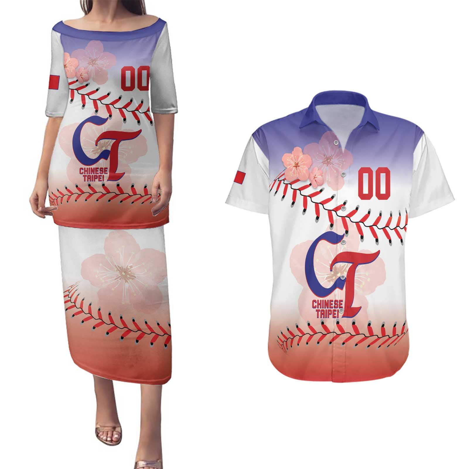Custom Baseball Chinese Taipei Couples Matching Puletasi and Hawaiian Shirt National Plum Blossom - Dynamic Style - Wonder Print Shop
