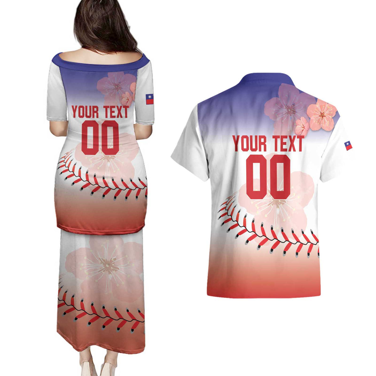 Custom Baseball Chinese Taipei Couples Matching Puletasi and Hawaiian Shirt National Plum Blossom - Dynamic Style - Wonder Print Shop