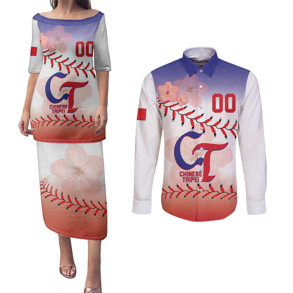 Custom Baseball Chinese Taipei Couples Matching Puletasi and Long Sleeve Button Shirt National Plum Blossom - Dynamic Style - Wonder Print Shop