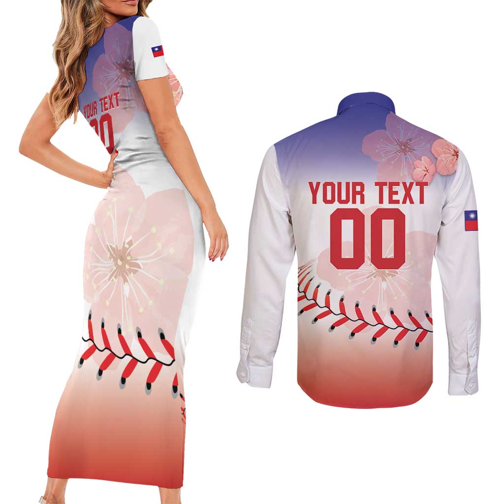 Custom Baseball Chinese Taipei Couples Matching Short Sleeve Bodycon Dress and Long Sleeve Button Shirt National Plum Blossom - Dynamic Style - Wonder Print Shop