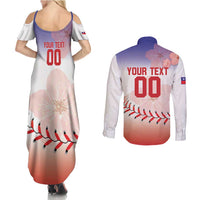 Custom Baseball Chinese Taipei Couples Matching Summer Maxi Dress and Long Sleeve Button Shirt National Plum Blossom - Dynamic Style - Wonder Print Shop
