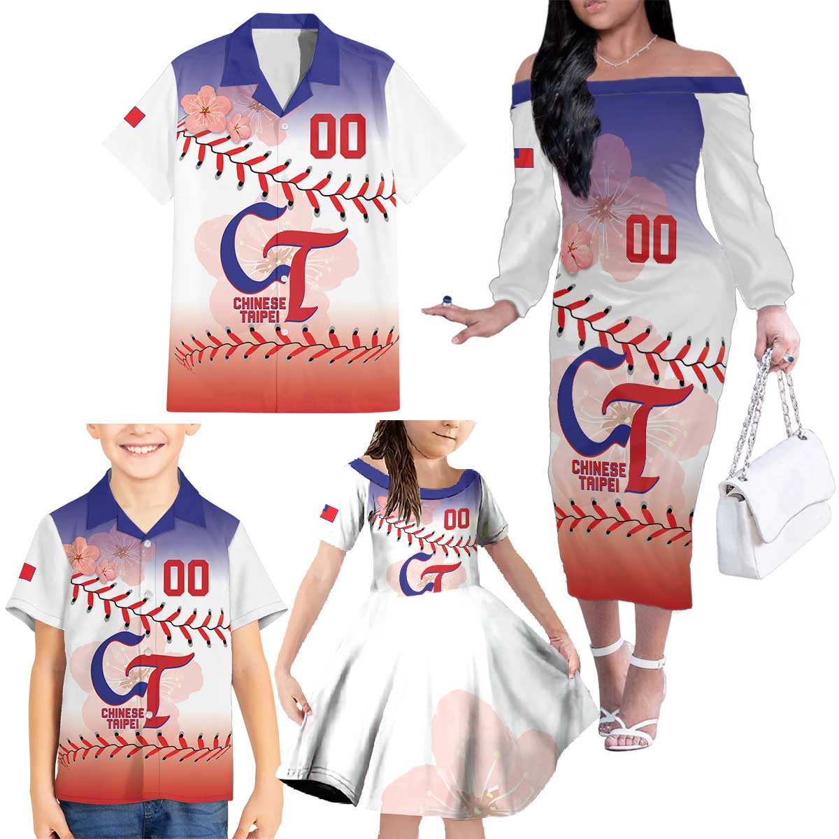 Custom Baseball Chinese Taipei Family Matching Off The Shoulder Long Sleeve Dress and Hawaiian Shirt National Plum Blossom - Dynamic Style - Wonder Print Shop