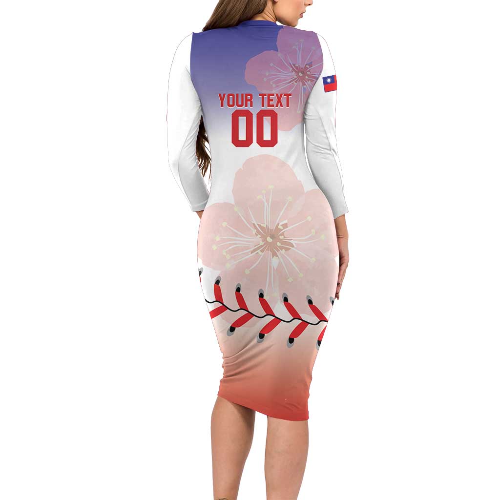 Custom Baseball Chinese Taipei Long Sleeve Bodycon Dress National Plum Blossom - Dynamic Style - Wonder Print Shop
