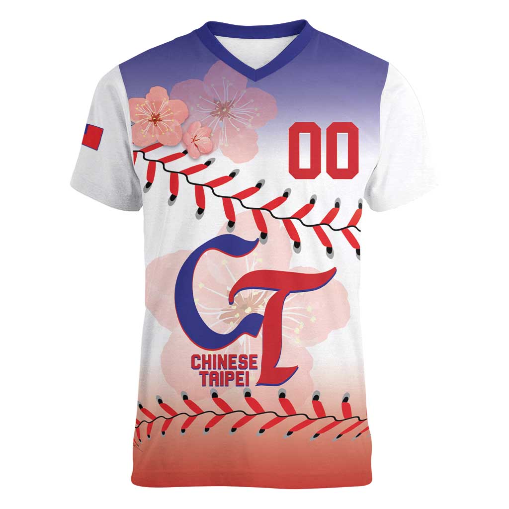 Custom Baseball Chinese Taipei Women V-Neck T-Shirt National Plum Blossom - Dynamic Style - Wonder Print Shop