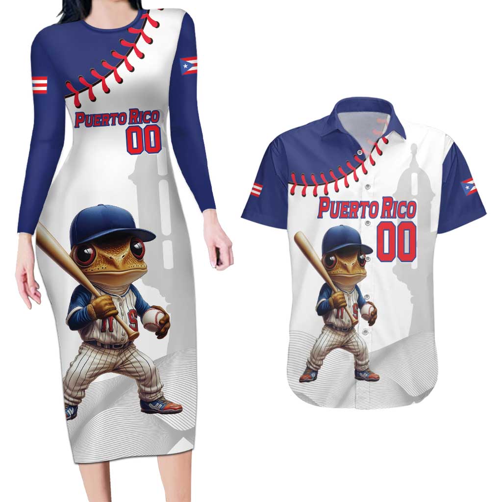 Custom Baseball Puerto Rico Couples Matching Long Sleeve Bodycon Dress and Hawaiian Shirt Coqui Mascot - Dynamic Style - Wonder Print Shop